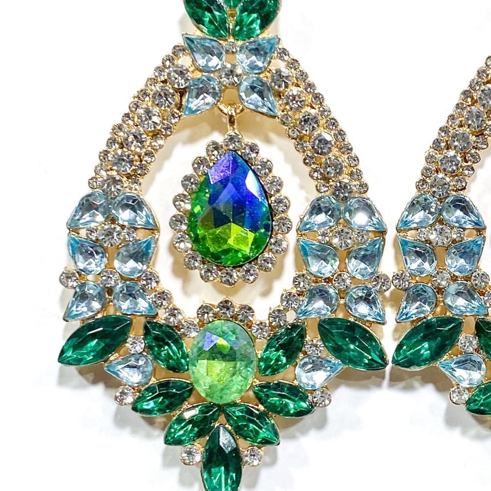 New Blue & Green Sparkly Glass Crystal Rhinestone Drop Earrings - Picture 4 of 10